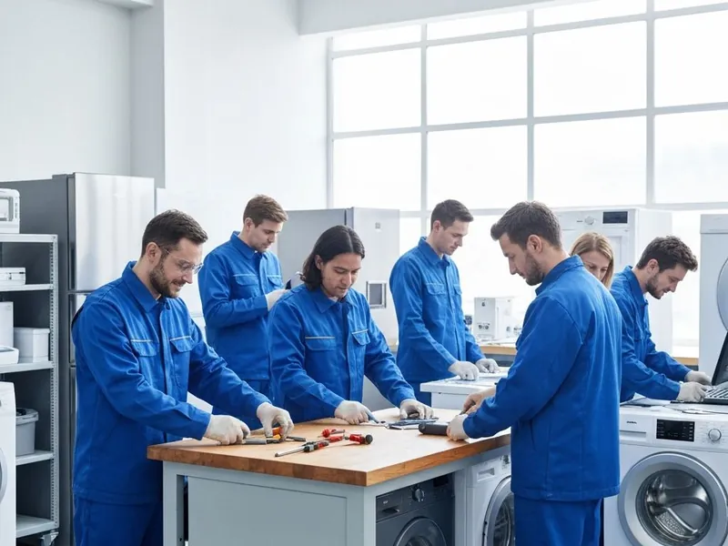 Técnicos de un servicio independiente revisando un electrodoméstico Samsung en una casa de Lima