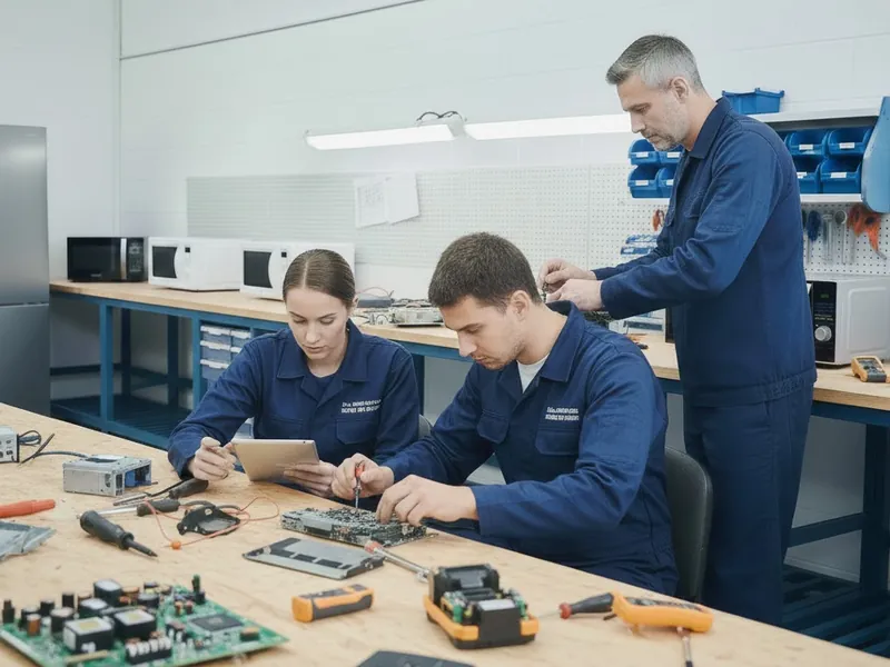 Técnicos revisando tarjetas electrónicas de electrodomésticos en un taller