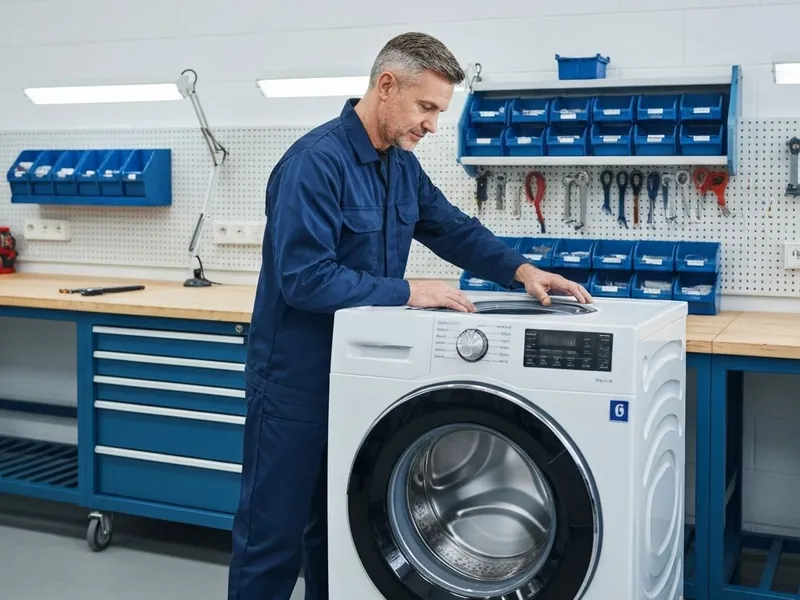 Técnico revisando el filtro de pelusa de una secadora Samsung de carga frontal