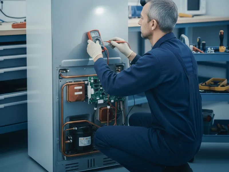 Técnico revisando el condensador de una refrigeradora Samsung para reducir su consumo de luz