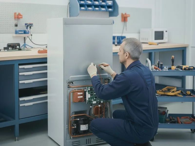 Técnico revisando los componentes internos de una refrigeradora en el taller